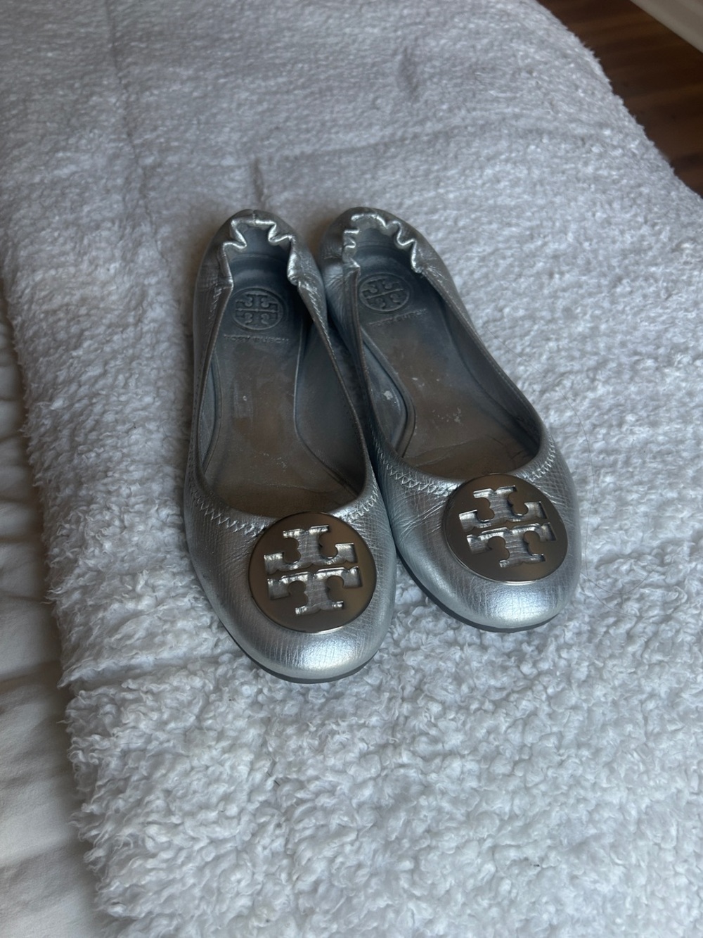 Tory Burch Metallic Silver Logo Ballet Flats
